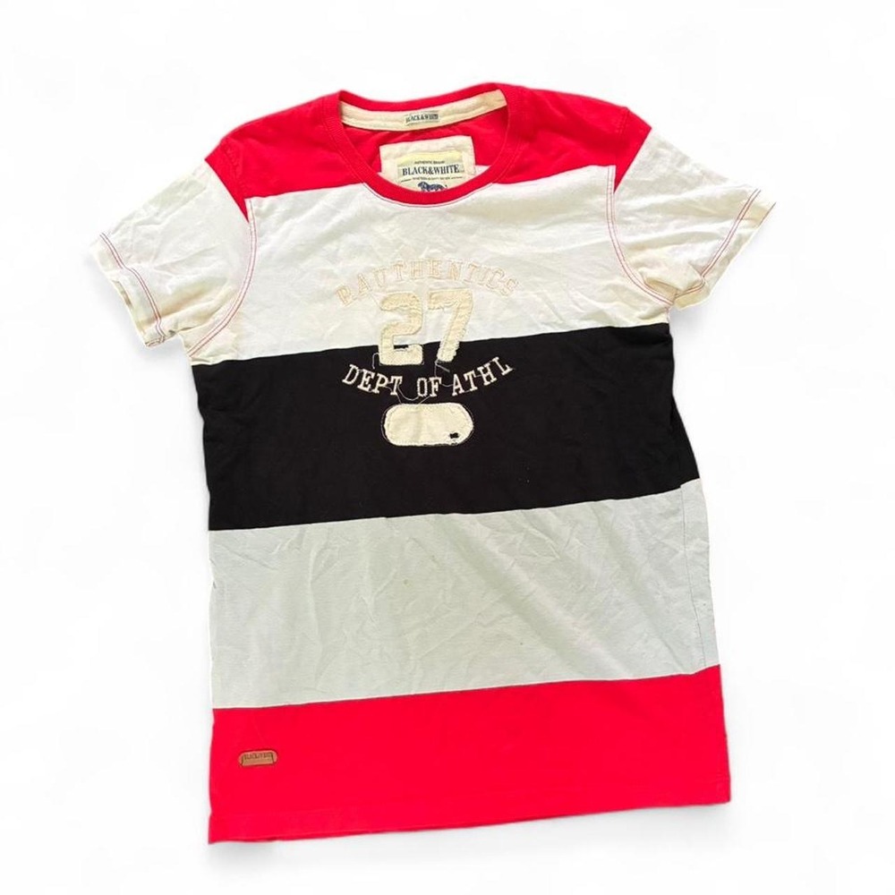Black & White Mens Colorblock Tee Vintage Y2K Embroidered Graphic Red Large